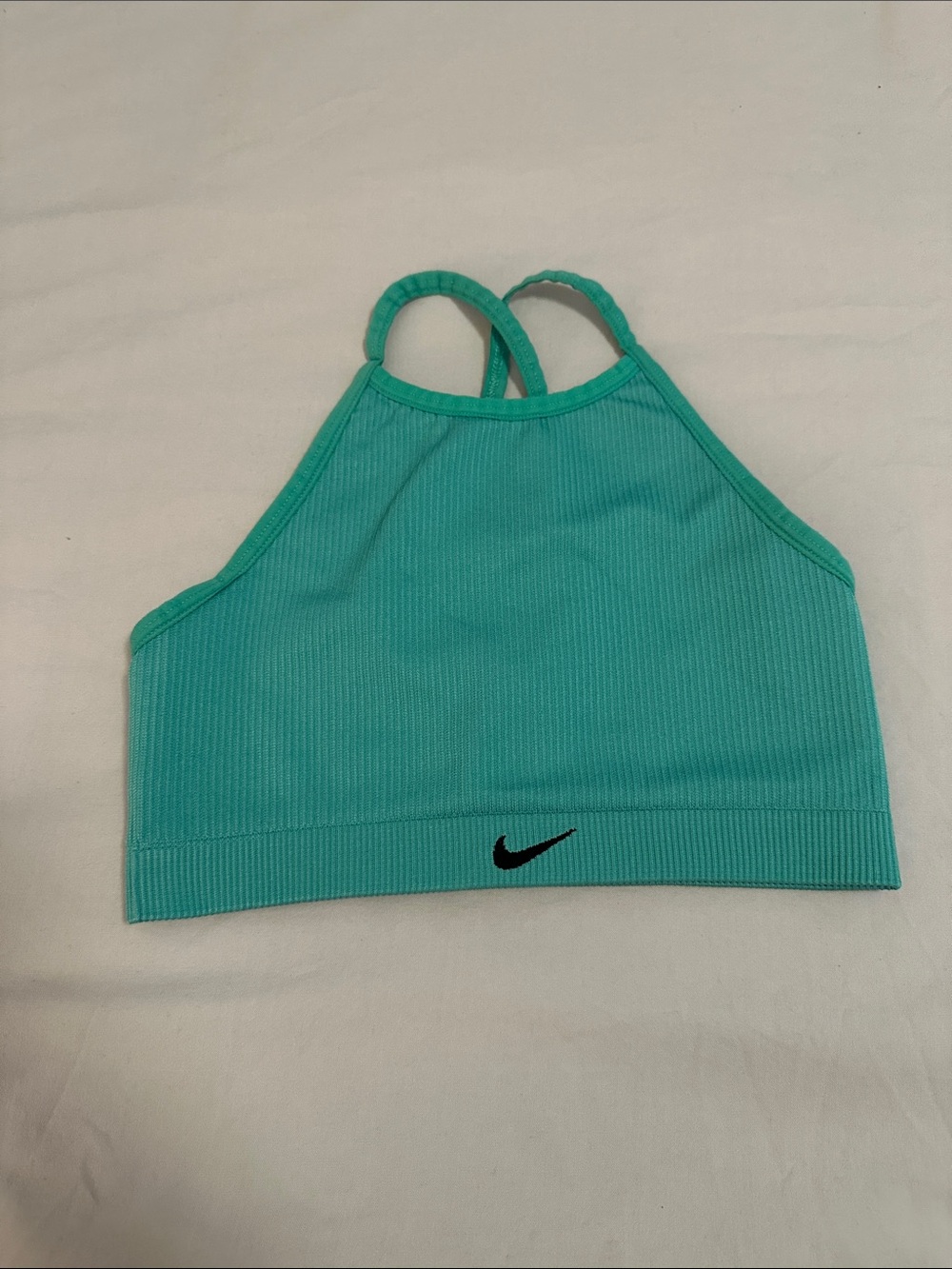 Nike Teal Ribbed High-Neck Sports Bra with Black Swoosh